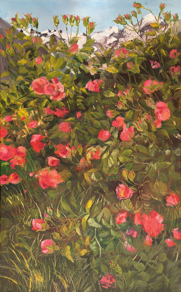 Artwork with roses and mountains
