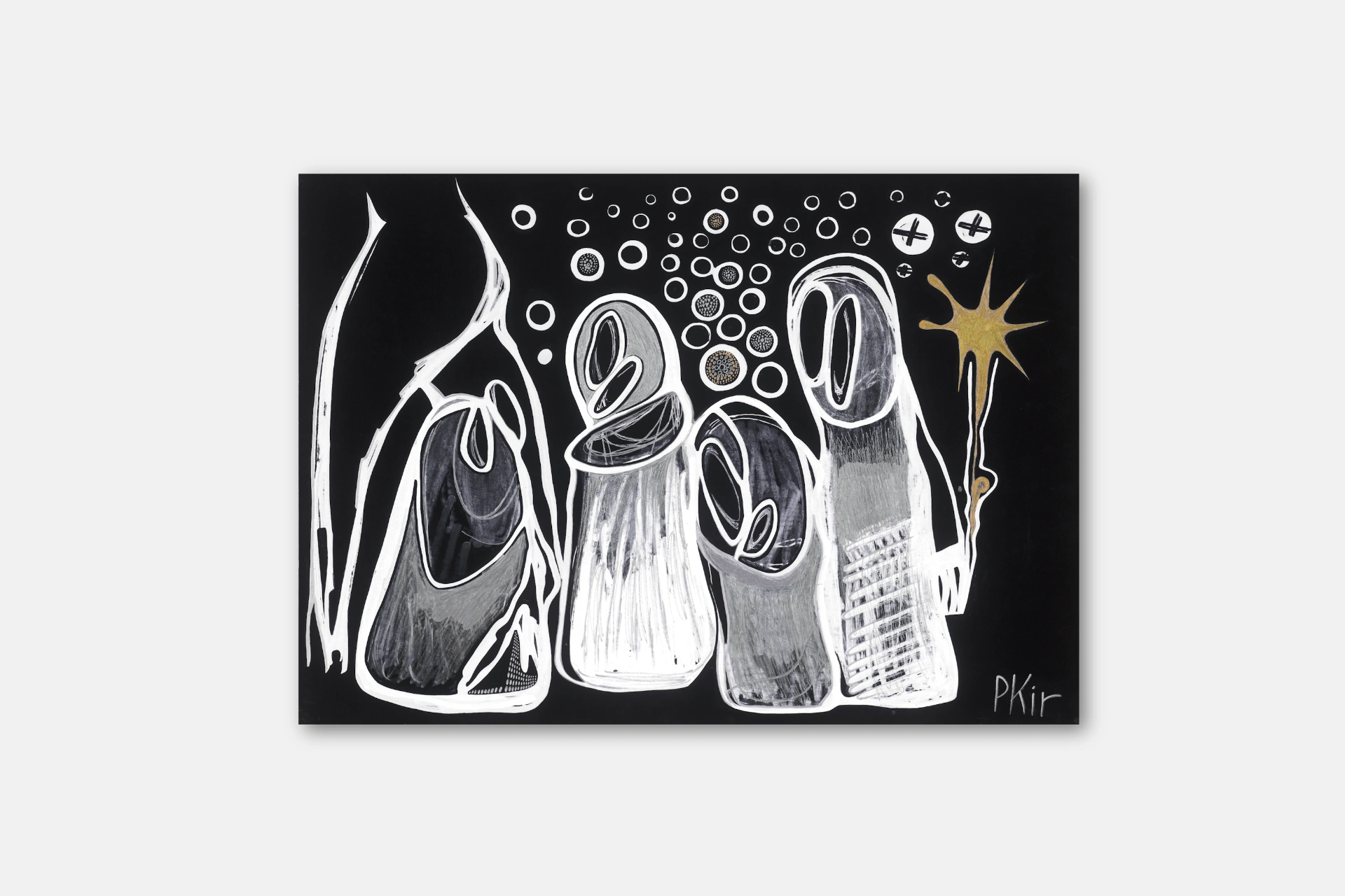 An artwork with its frame presented on a neutral light gray background with a soft drop shadow.