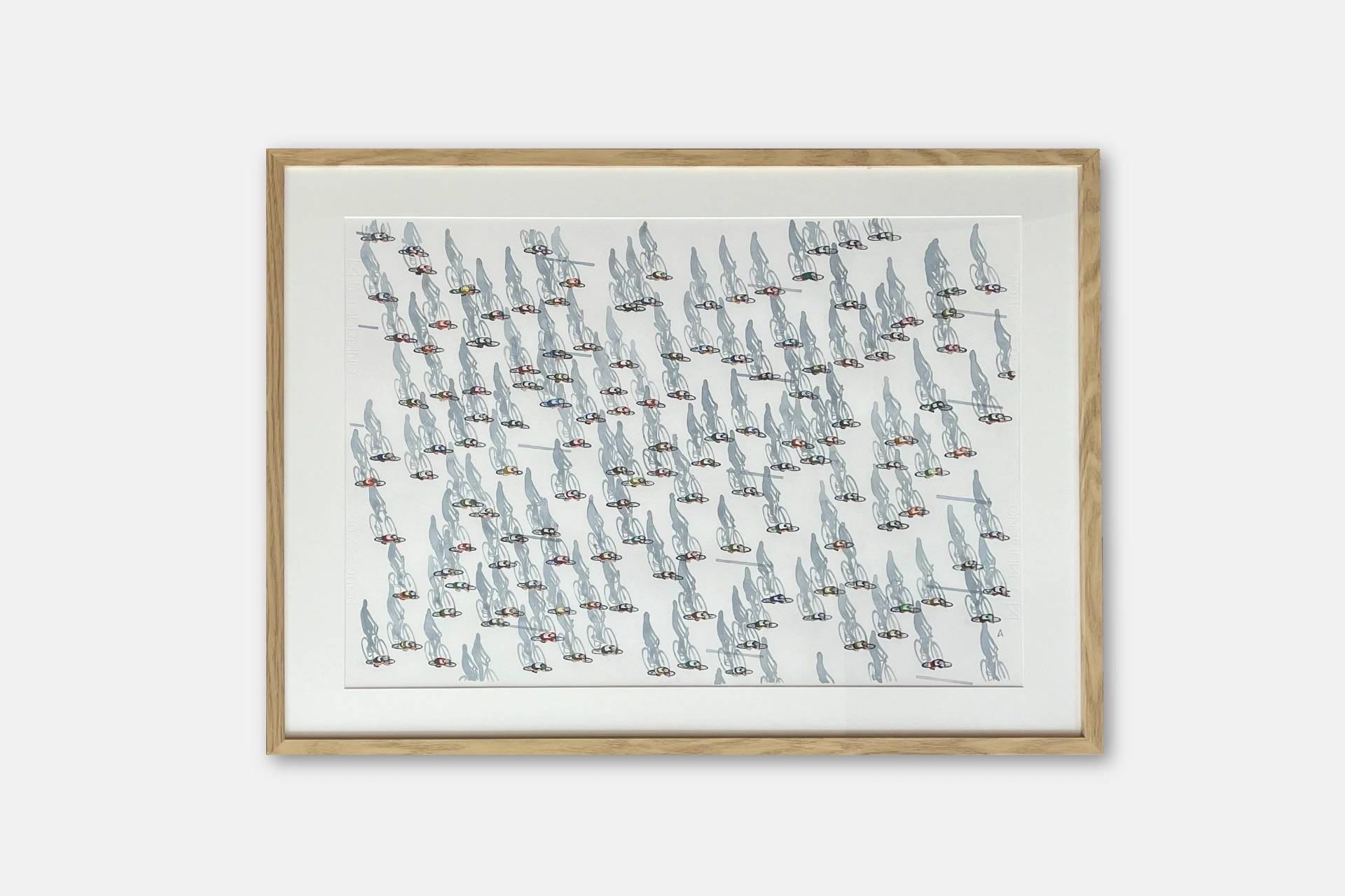 An artwork with its frame presented on a neutral light gray background with a soft drop shadow.