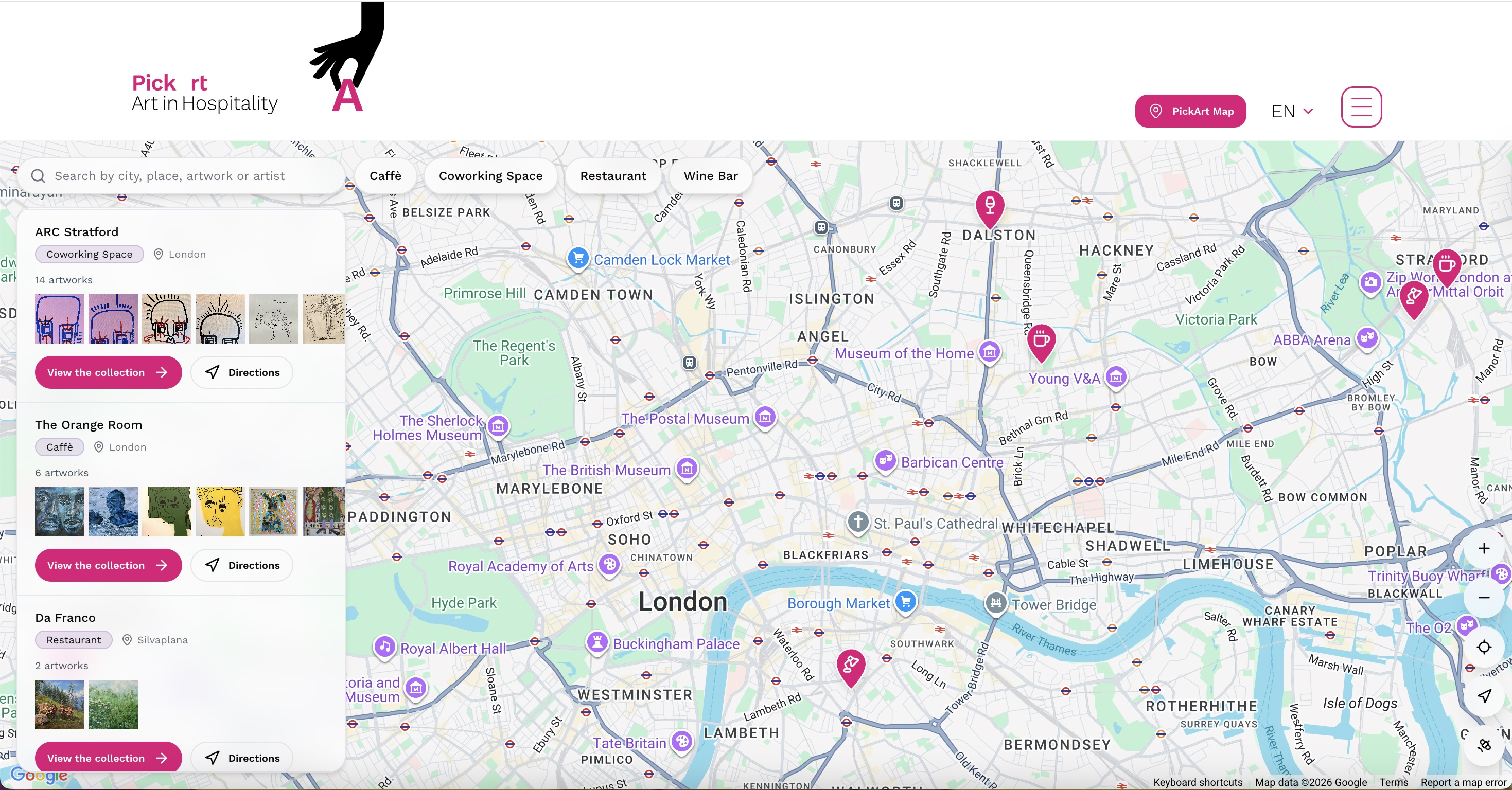 Detailed venue view showing the artwork collection on the PickArt map